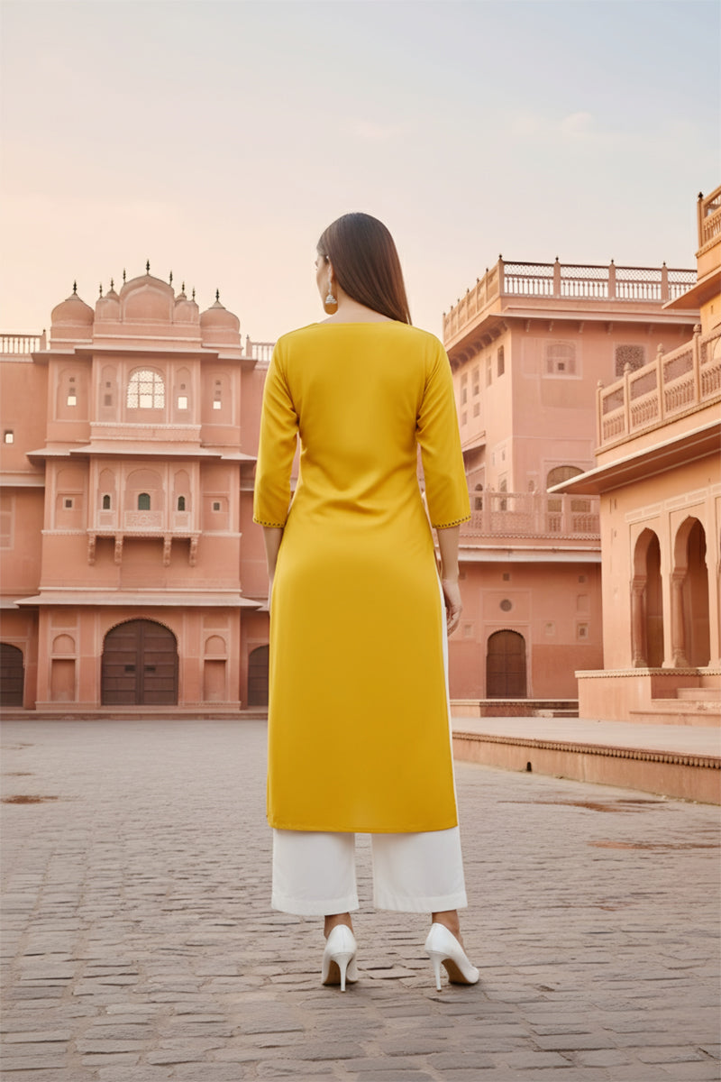 SRS Fashion Yellow Embroidered Rayon Straight Kurta Set