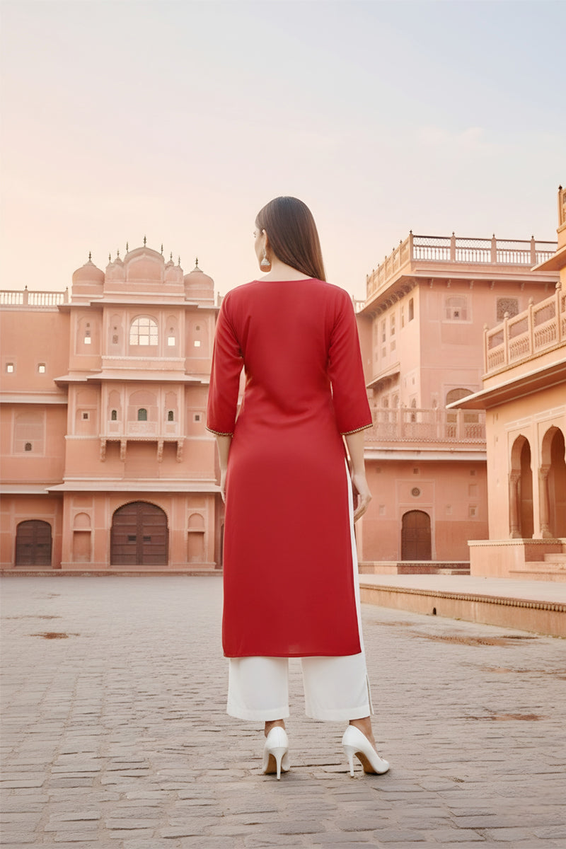 SRS Fashion Red Embroidered Rayon Straight Kurta Set