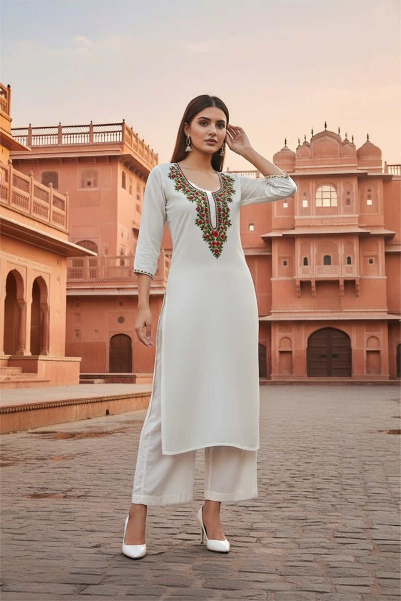 SRS Fashion White Embroidered Rayon Straight Kurta Set