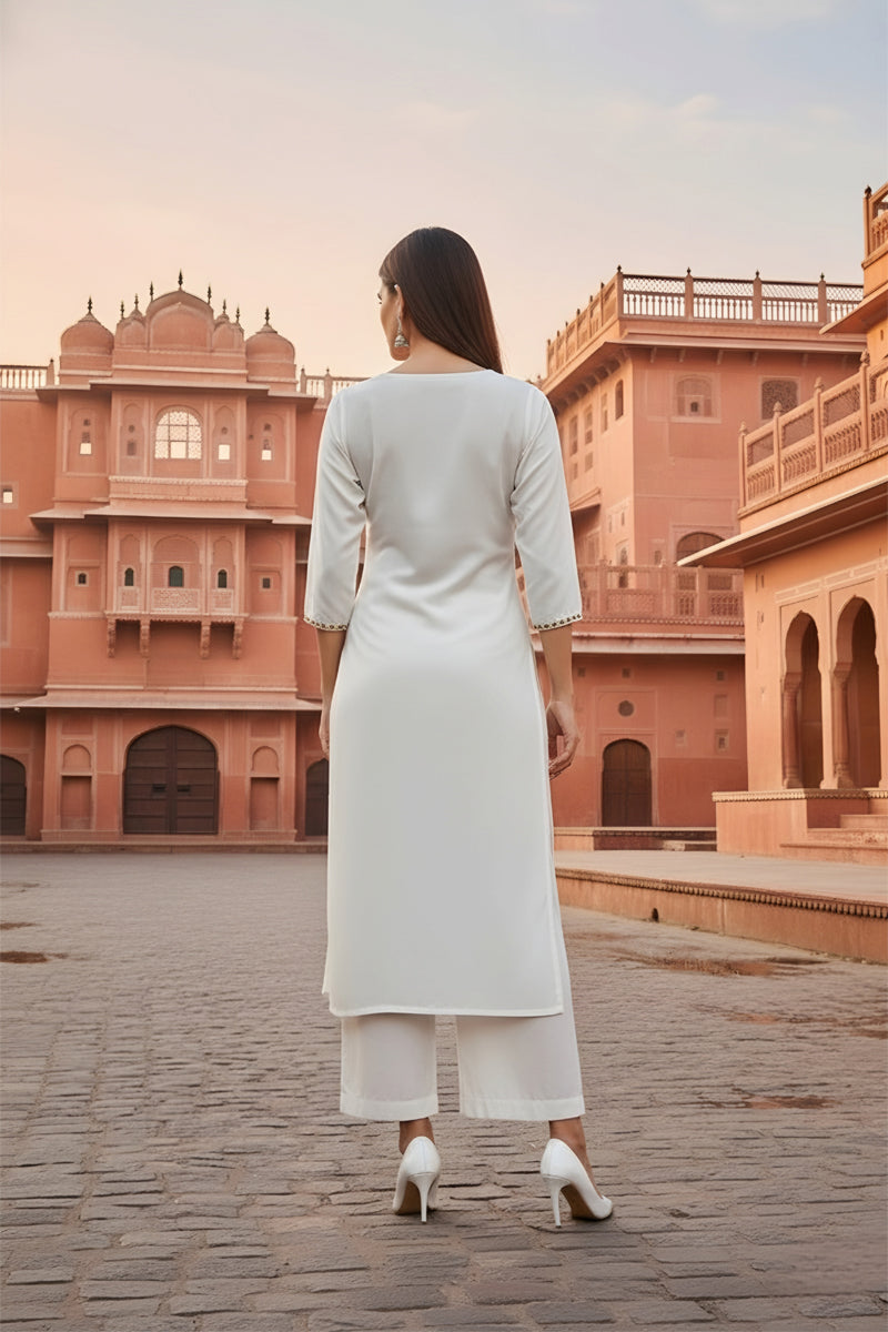 SRS Fashion White Embroidered Rayon Straight Kurta Set