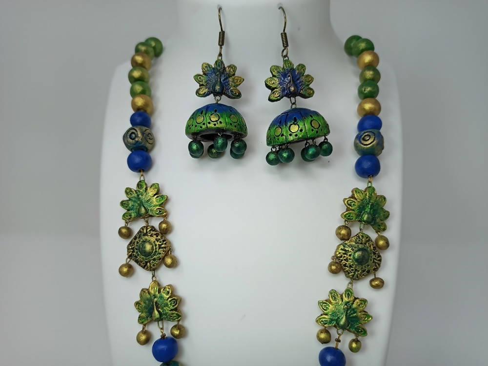 Terracotta Long Haram Set-Beautiful Dazzling Peacock Pendent With Ear Hanging Jhumkas