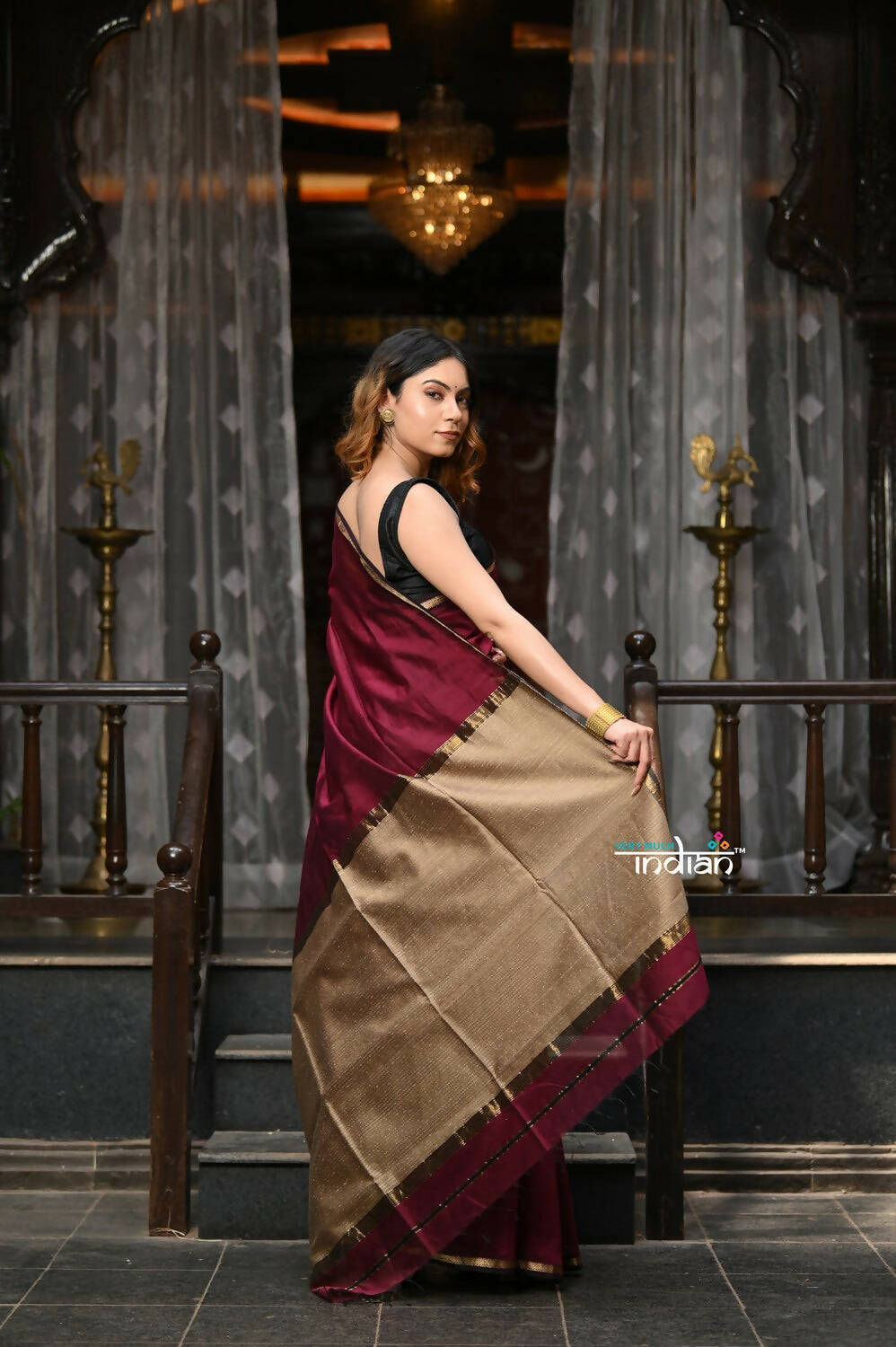Very Much Indian VMI Exclusive Designer! Handloom Cotton Silk Grab2Buy With Sleek Golden Border - Maroon Shade 