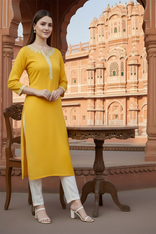 SRS Fashion Yellow Embroidered Rayon Straight Kurta Set