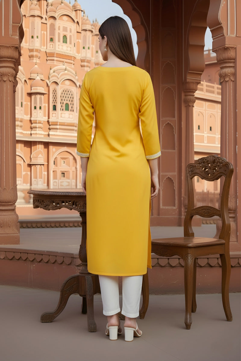 SRS Fashion Yellow Embroidered Rayon Straight Kurta Set