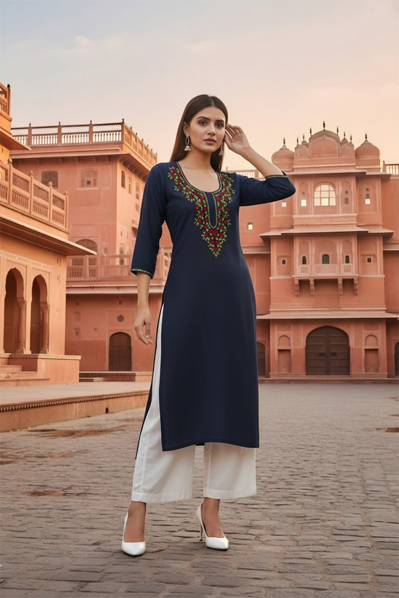 SRS Fashion Blue Embroidered Rayon Straight Kurta Set