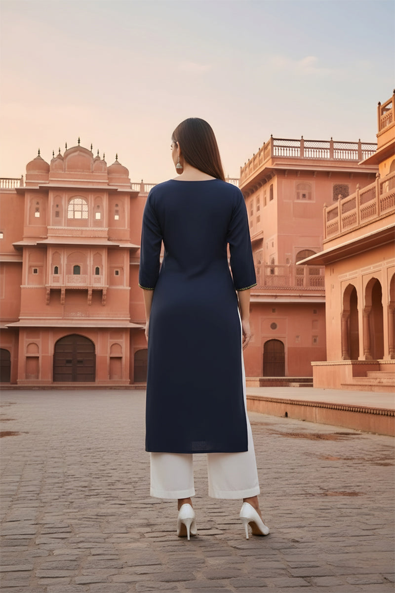 SRS Fashion Blue Embroidered Rayon Straight Kurta Set
