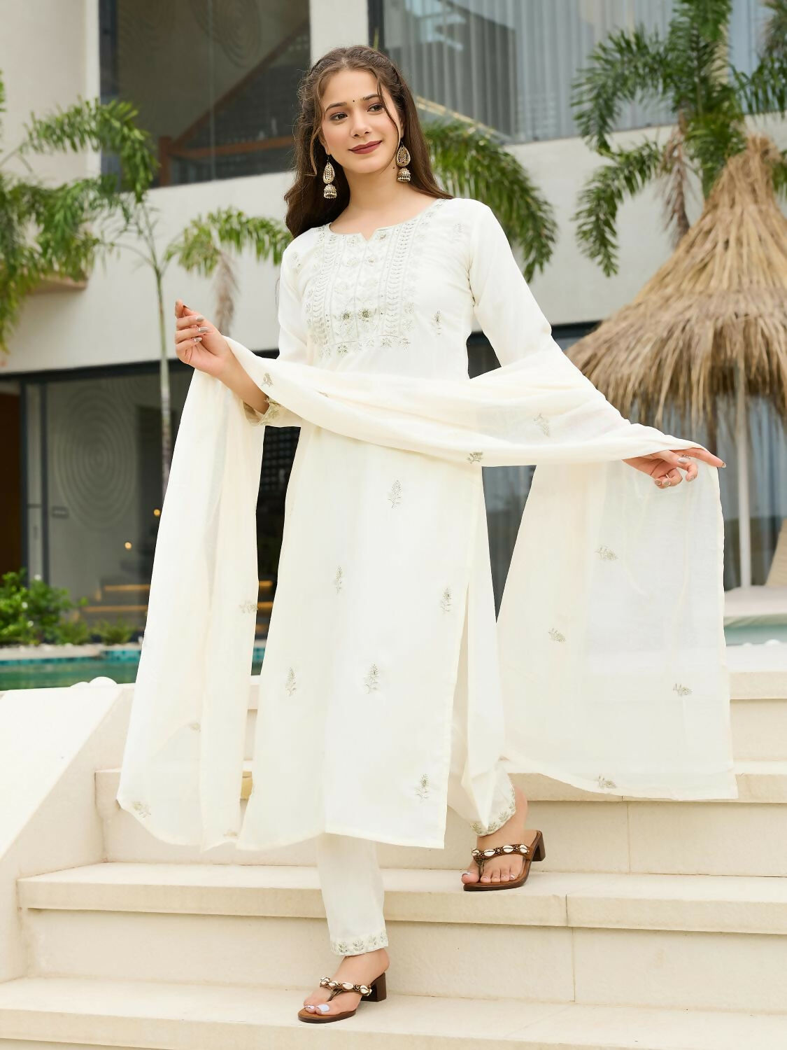 The52 White Women's Beautiful Rayon Slub Fabric Embroidered Work Straight Kurta, Pant and Dupatta Set | Grab2Buy
