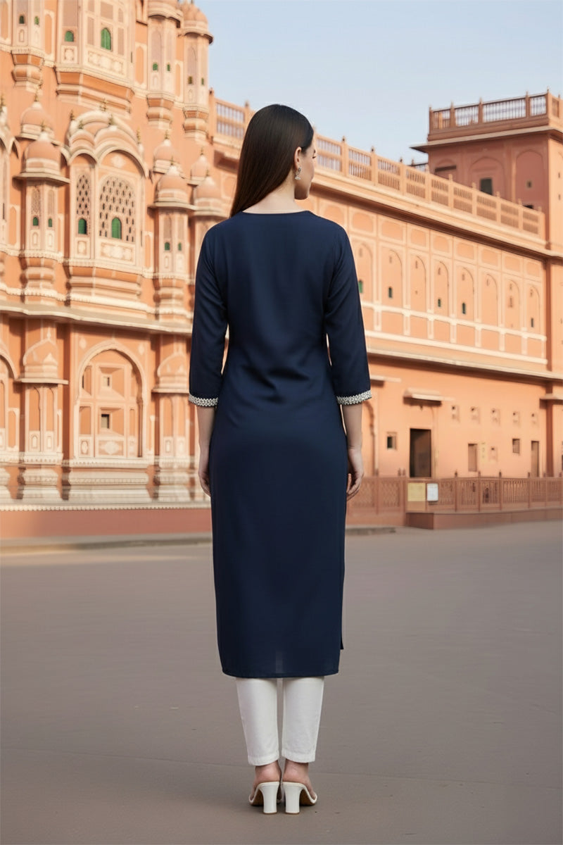 SRS Fashion Blue Embroidered Rayon Straight Kurta Set