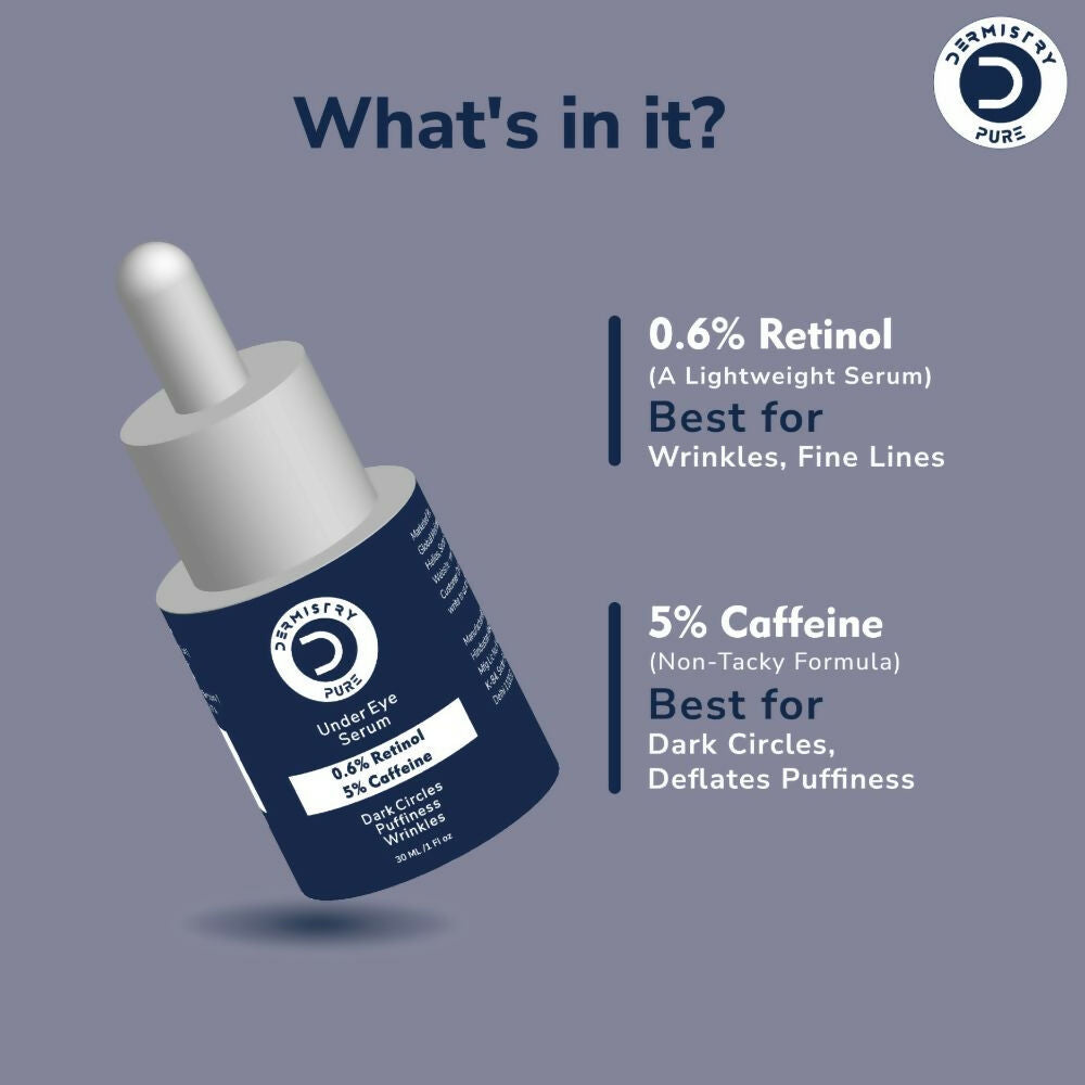 Dermistry Pure 0.6% Retinol 5% Caffeine Under Eye Serum Puffiness Fine Line Wrinkles Puffy Dark Eyes 