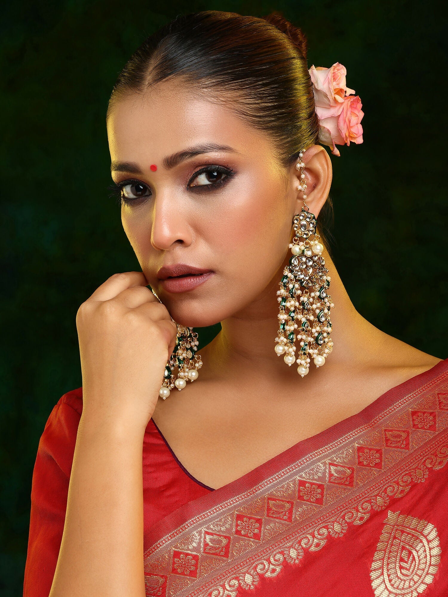 Ruby Raang 22k Gold Polished Kundan Chand Earrings With Ear Chains | Swadesiicart