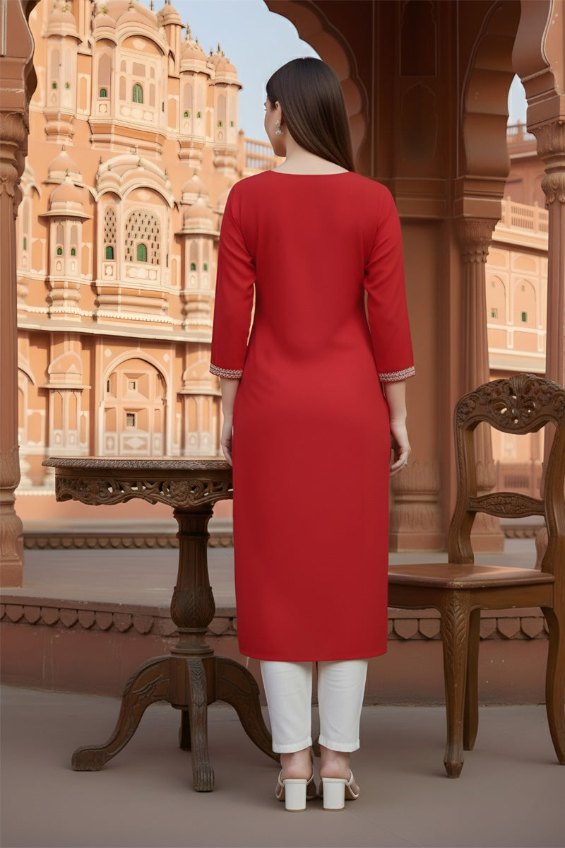 SRS Fashion Red Embroidered Rayon Straight Kurta Set