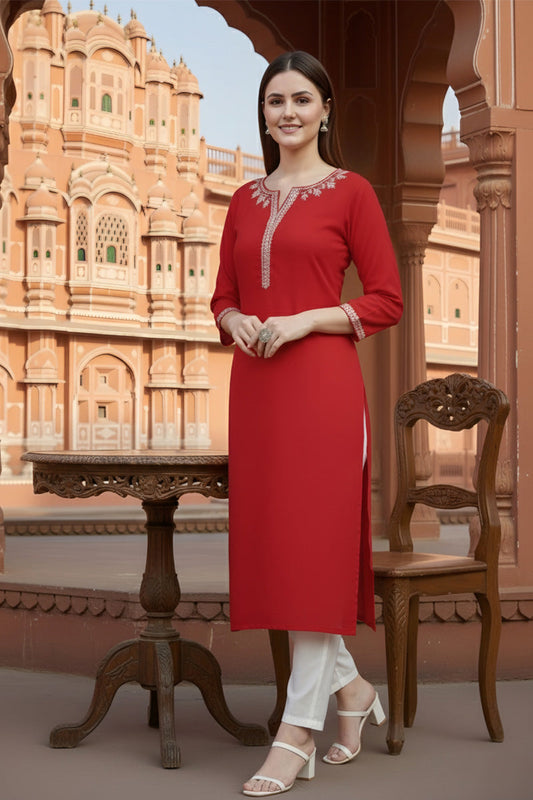 SRS Fashion Red Embroidered Rayon Straight Kurta Set