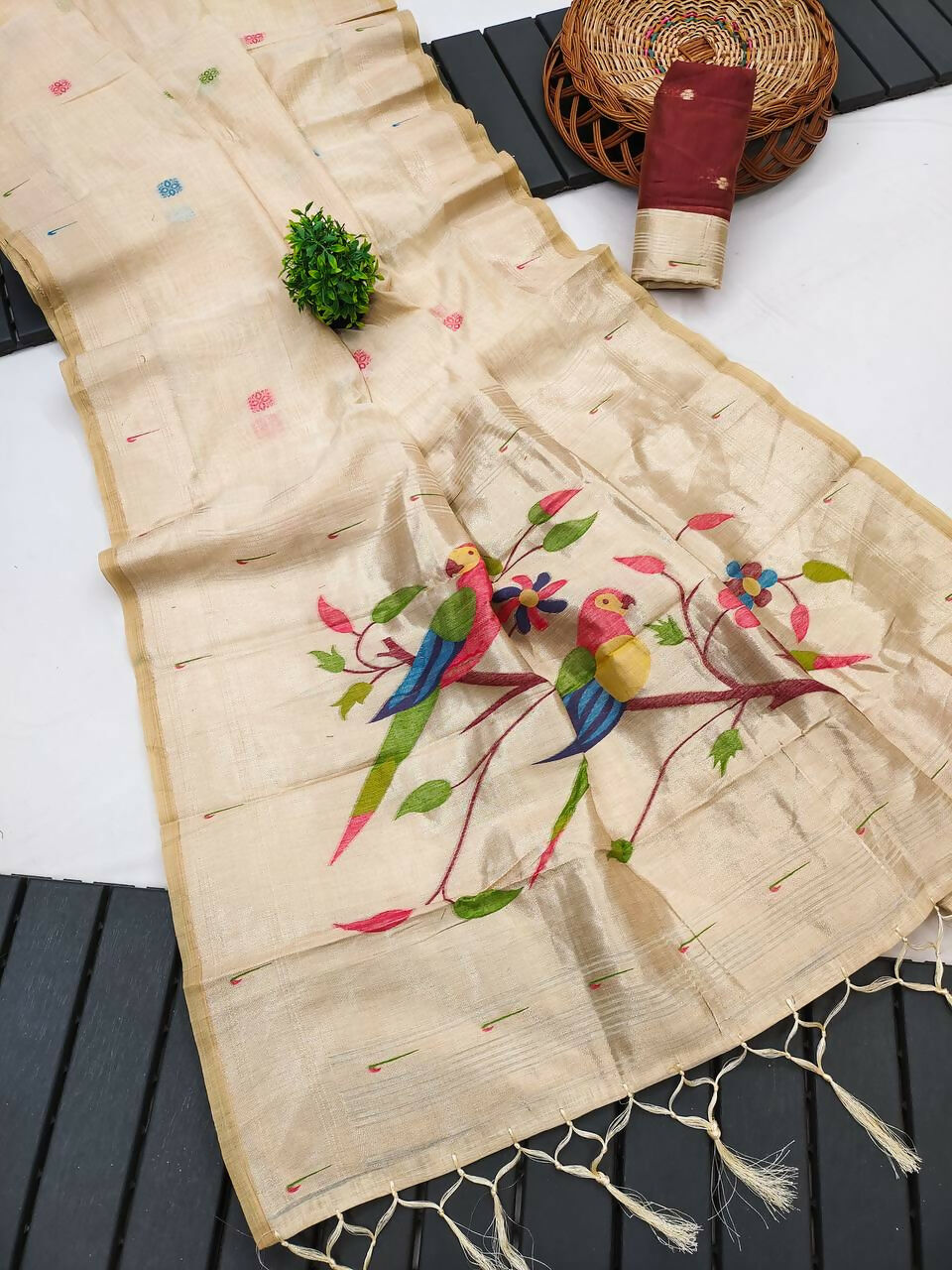 Vastranavya Cream Muga Cotton Meenakari & Munia Weaving Pallu Grab2Buy with Contrast Blouse  Grab2Buy Vastranavya Grab2Buy