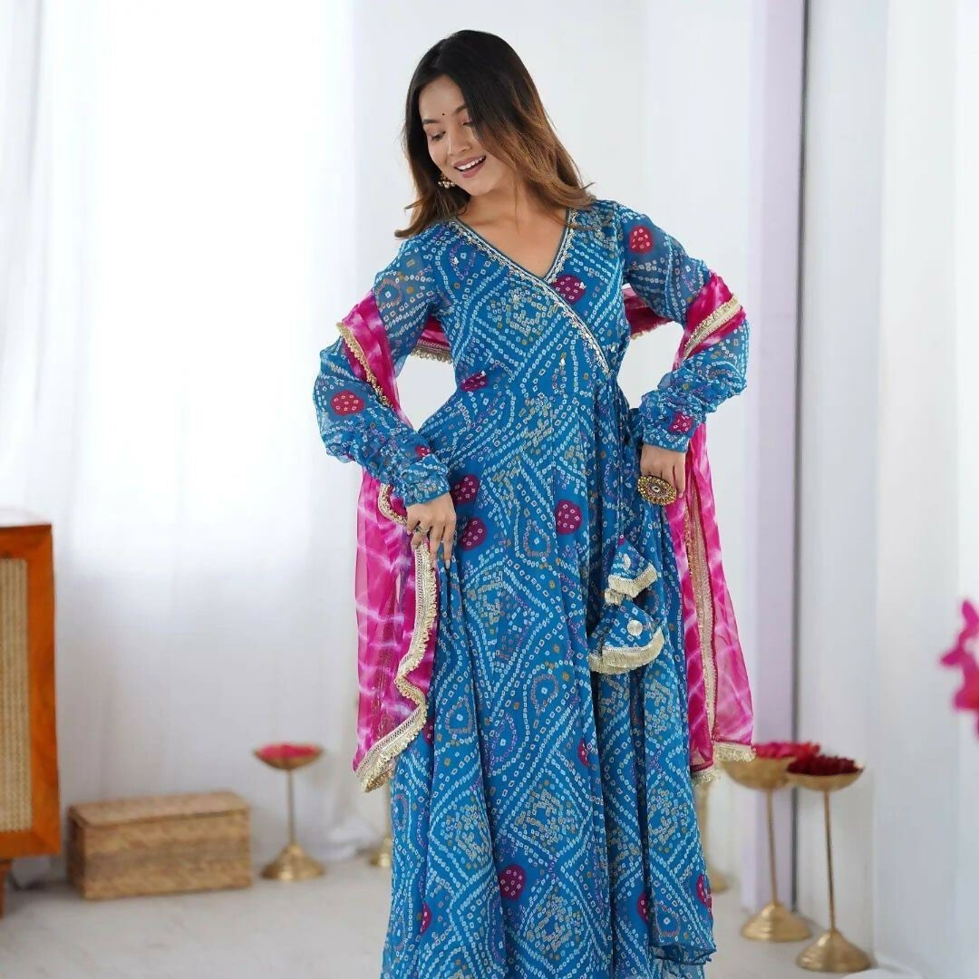 Teeya Creation Blue Faux Georgette Gown