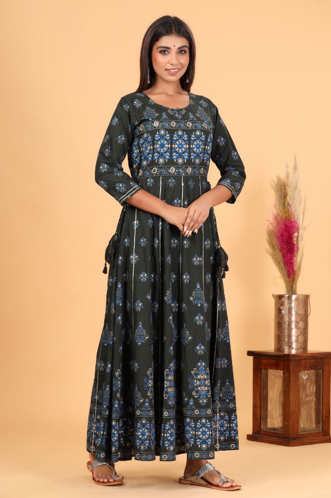 Kaajh Women's Green Gold Print Embellishment Anarkali Kurta