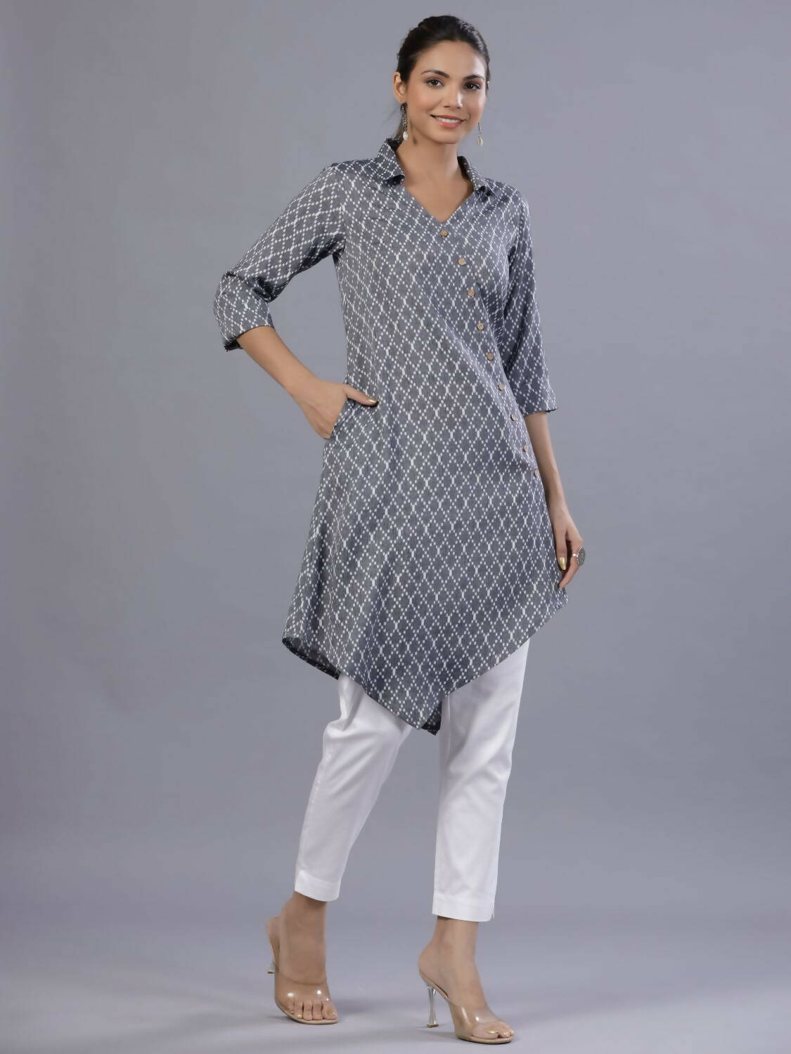 Juniper Women Blue Rayon Printed Asymmetric Kurta