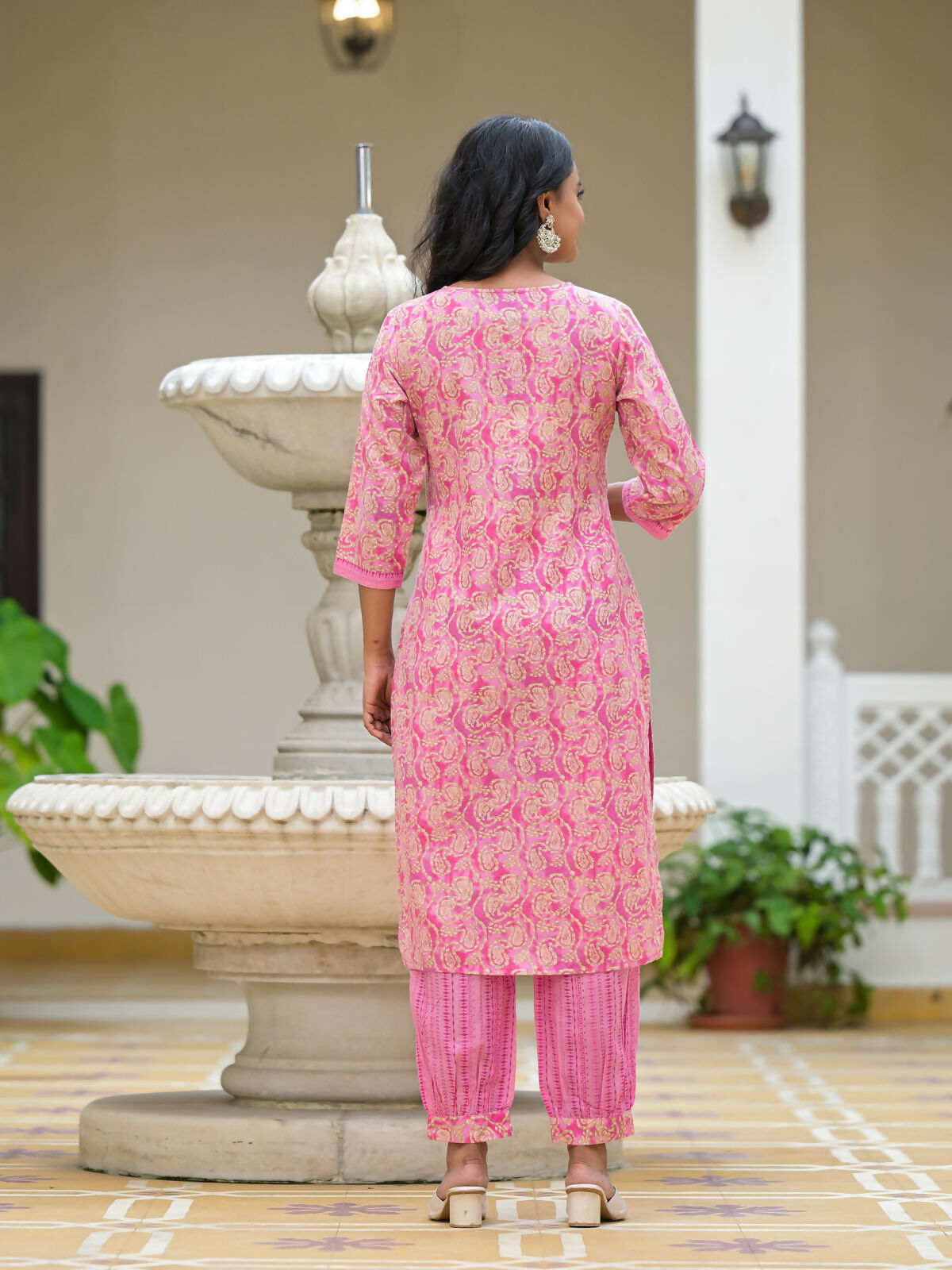 Juniper Women's Pink Ethnic Motif Printed Cotton Kurta Pant With Dupatta Set With Sequins & Lace