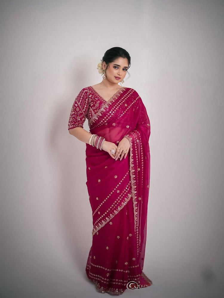Joban Fashion Red Fandy Satin Silk Party Wear Sarees
