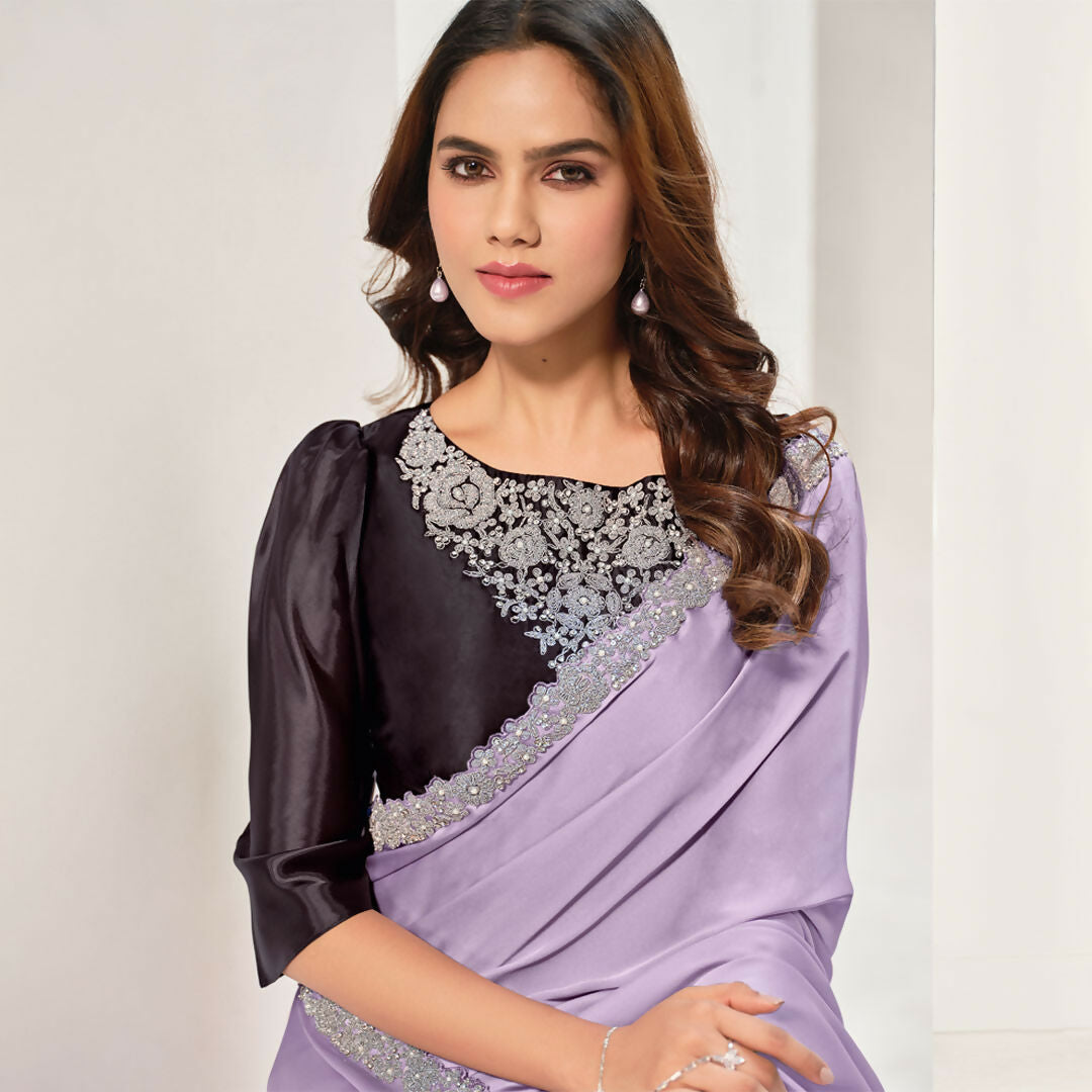 Lavendar Crepe Satin Silk Jardosi Saree With Unstitched Blouse Piece - Norita Saanjh