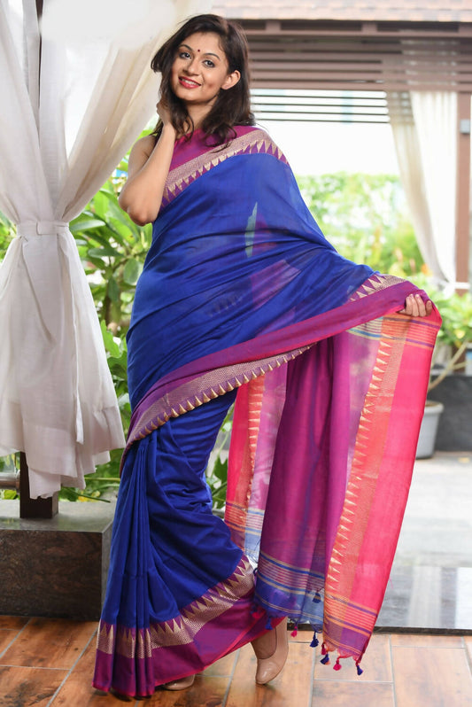Very Much Indian Pure Cotton Handloom Saree With Intricate Borders - Blue - Grab2buy