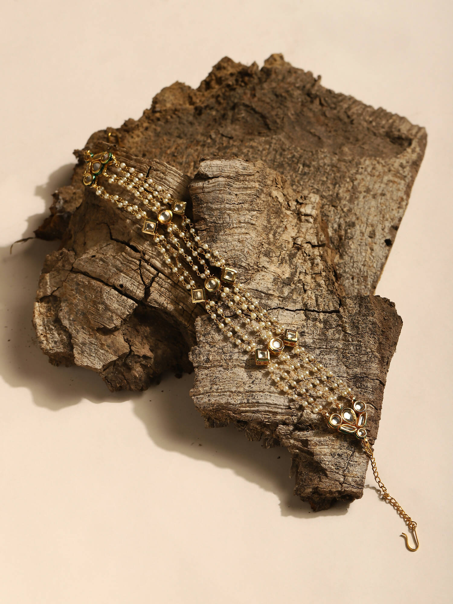 Gold-Plated White Kundan-Studded Pearl Head Chains - Ruby Raang - Grab2buy