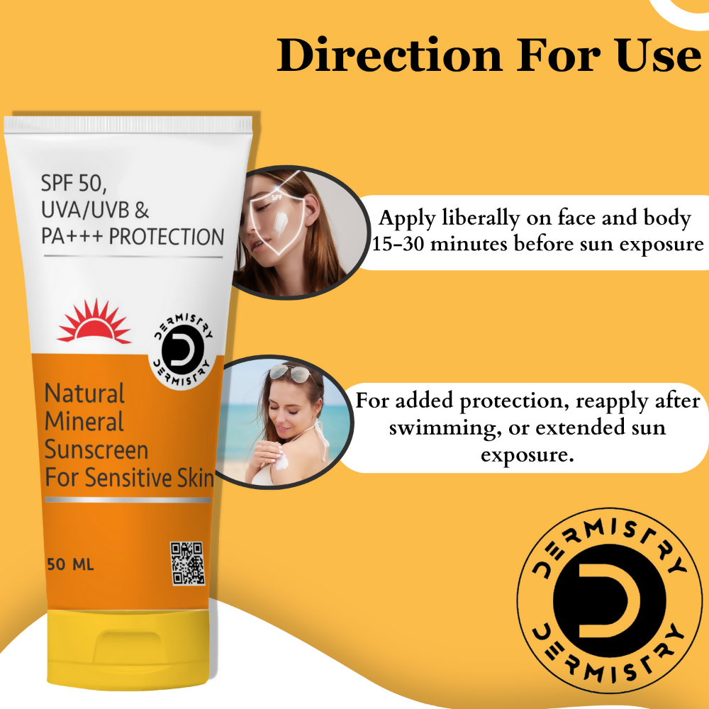 Dermistry Natural Mineral Sunscreen for Sensitive Skin & Children SPF 50 UVA UVB PA+++ Protection 