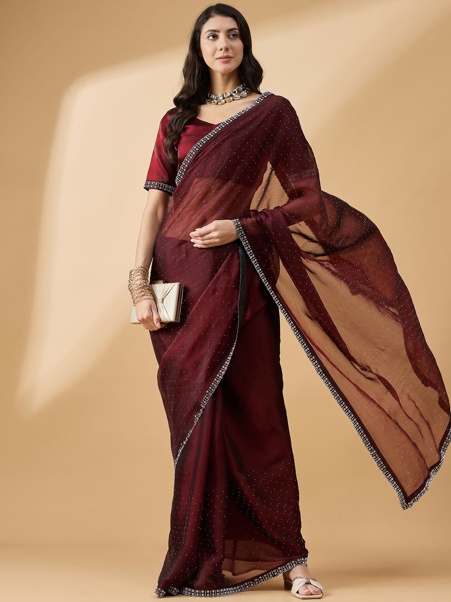 Brown Organza Swaroski Diamond Work Saree with Unstitched Blouse - Radha