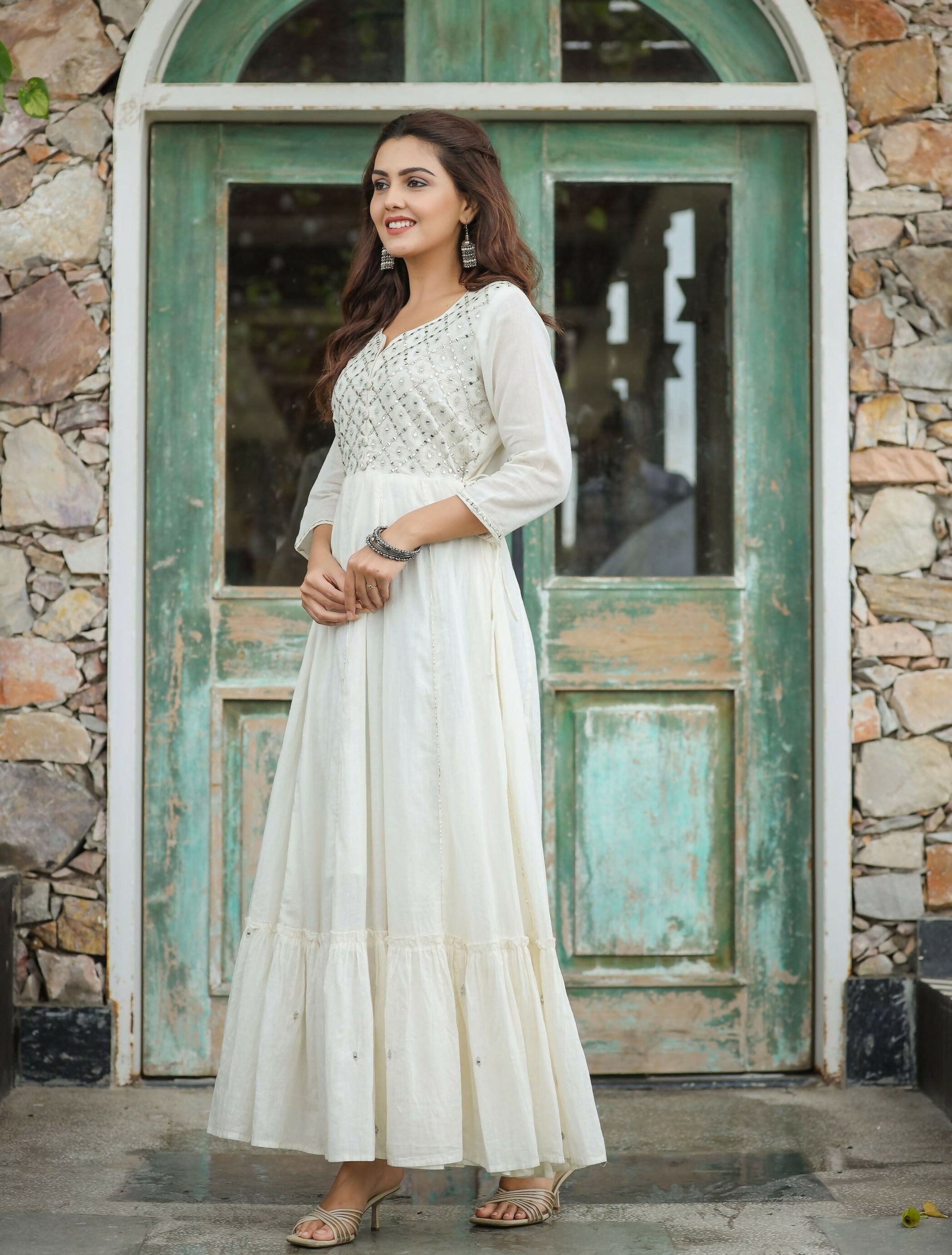 Kaajh Women's Off-White Floral Embroidered Cotton Ethnic Dress