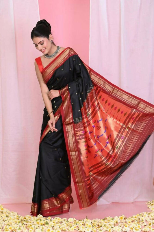 Very Much Indian Traditional Black Pure Silk Paithani With Red Border & Double Pallu - Grab2buy