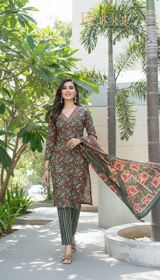BulBul Fashionista Green Cotton Kurta Set with Dupatta 
