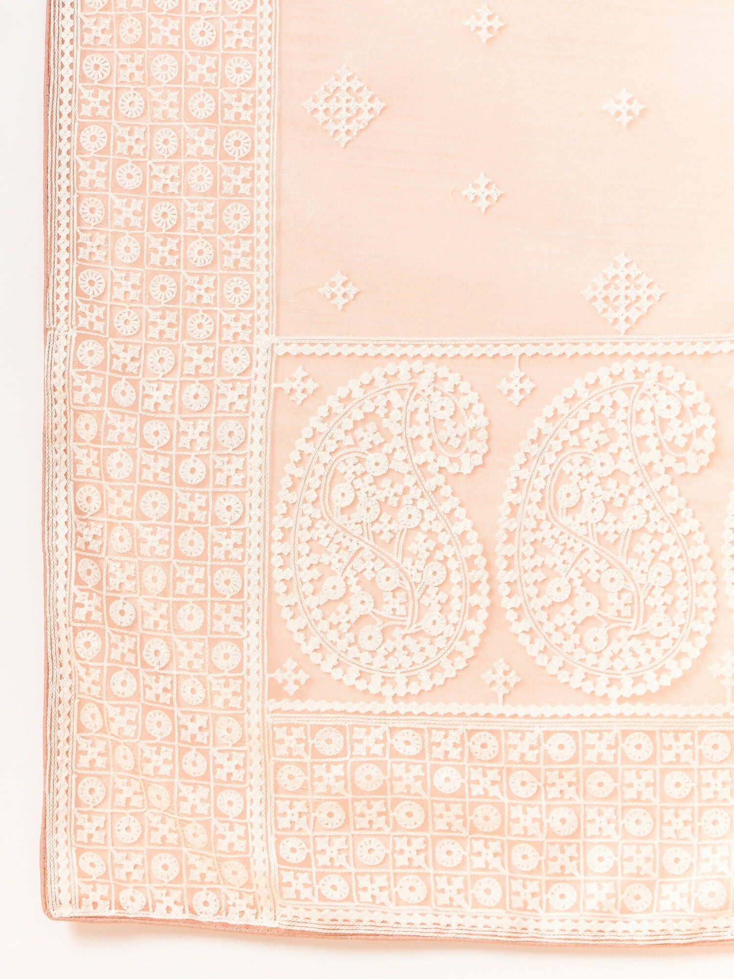 Peach Organza Geometric Embroidered Saree with Unstitched Blouse Piece - Roozal