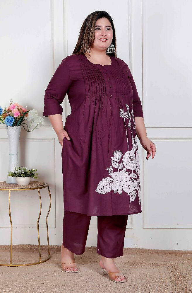 Miravan Womens Plus Size Wine Floral Kurta With Palazzo