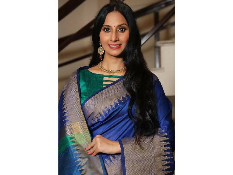 Aastha Fashion Women's Blue Raw Silk Temple Zari Woven Saree with Blouse - Grab2buy