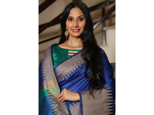Aastha Fashion Women's Blue Raw Silk Temple Zari Woven Saree with Blouse - Grab2buy