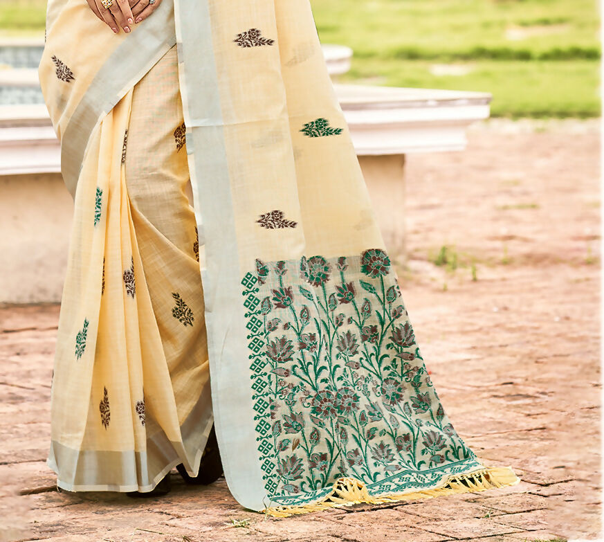 Sangam Prints Beige Linen Woven Work Traditional Saree
