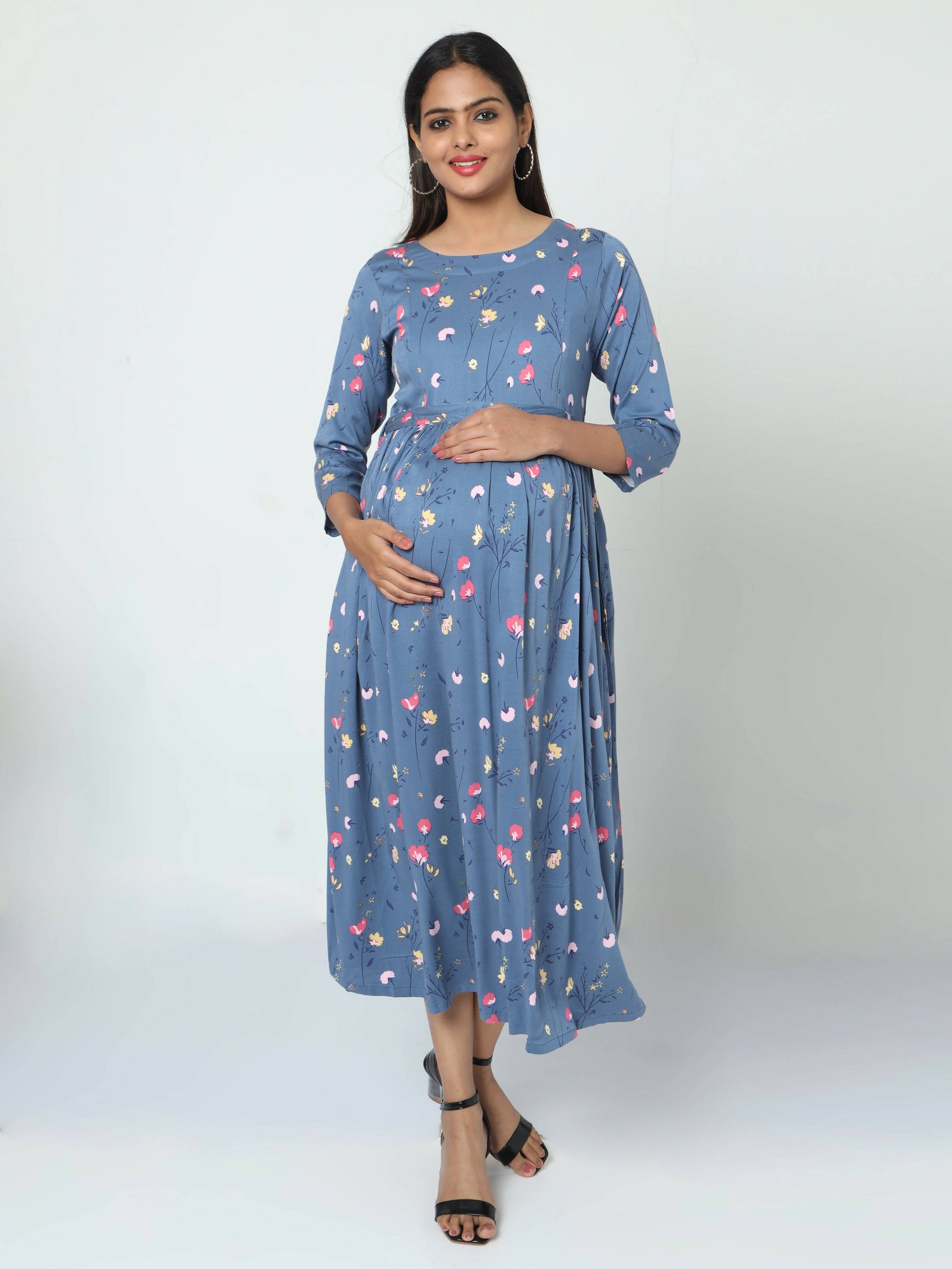 Manet Three Fourth Maternity Dress Floral Print With Concealed Zipper Nursing Access - Dark Grey