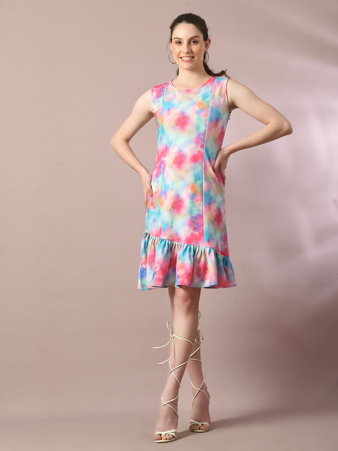 Myshka Women's Multi Printed Round Neck Fit and Flare Party Dress