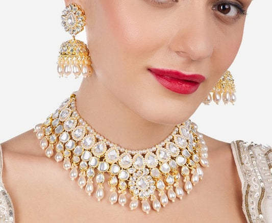Jewel City Kundan Pearl Choker Necklace Set with Jhumka Earrings | Indian Bridal Jewelry for Women – Festive & Wedding Wear 