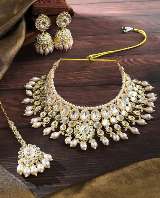 Jewel City Kundan Pearl Choker Necklace Set with Jhumka Earrings | Indian Bridal Jewelry for Women – Festive & Wedding Wear 