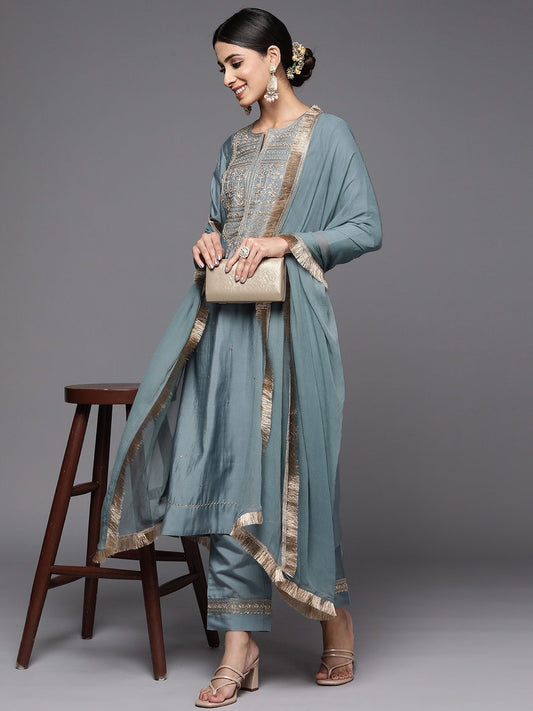 Indian Clothing NOZ2TOZ Women's Viscose Chanderi Grey Party Wear Embroidered Kurta With Pant And Duppata Set | Grab2Buy