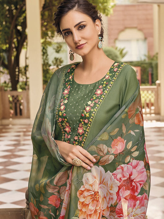 Indian Clothing NOZ2TOZ Women's Muslin Green Party Wear Embroidered Kurta With Pant And Duppata Set | Grab2Buy