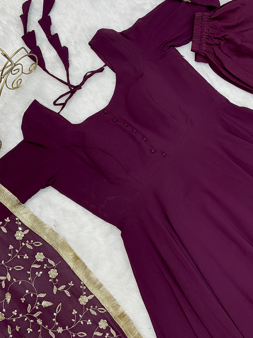 Lorenvalley Fashion Women Georgette Anarkali Gown Duppta Full Set With Pent Ready To Wear - Wine 