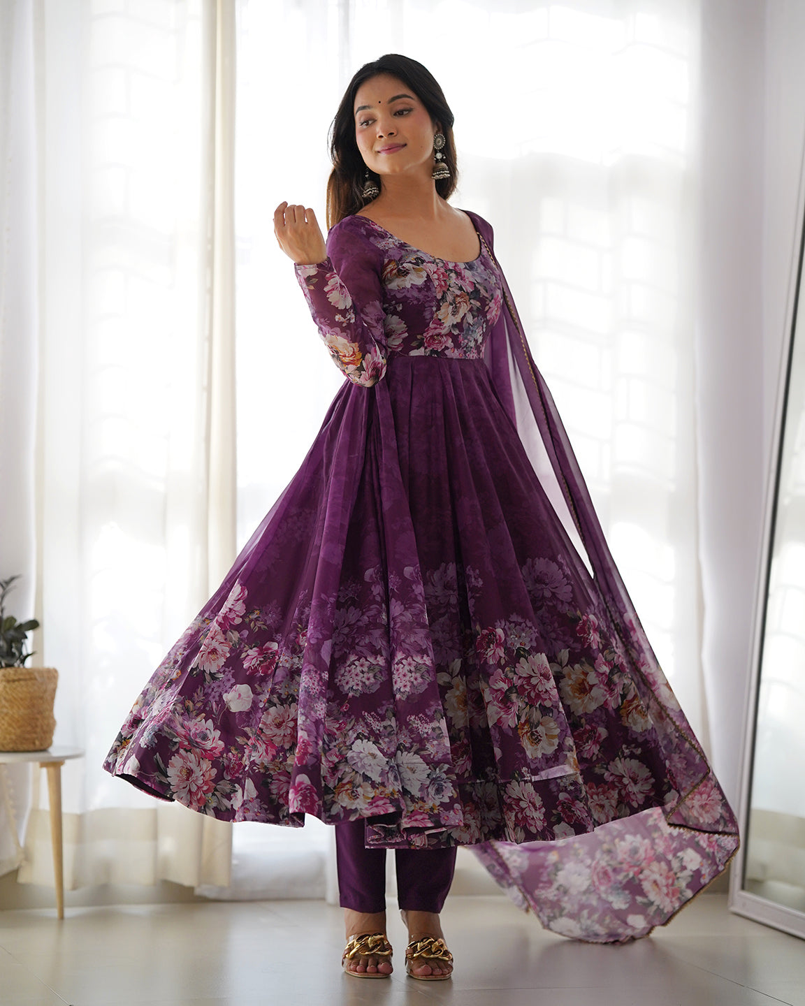 Lorenvalley Fashion Women Pure Soft Organza Silk Floral Print Fully Flair Anarkali With Pent Dupatta Set - Wine 
