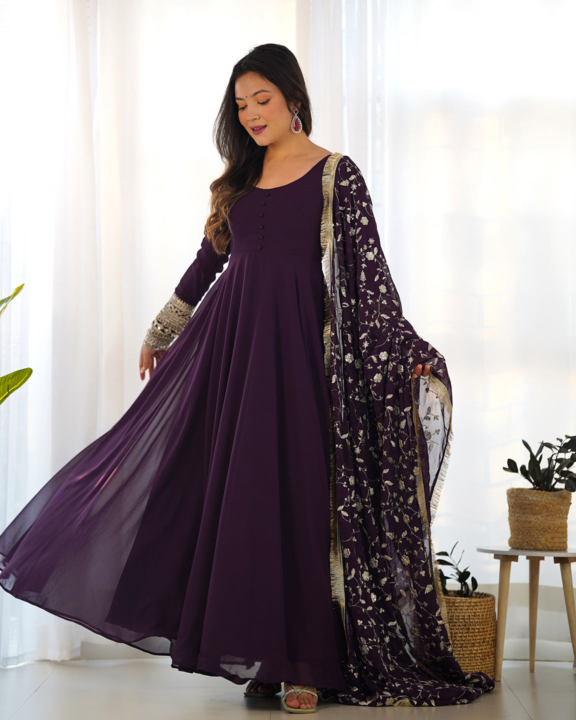Lorenvalley Fashion Women Georgette Anarkali Gown Duppta Full Set With Pent Ready To Wear - Wine 