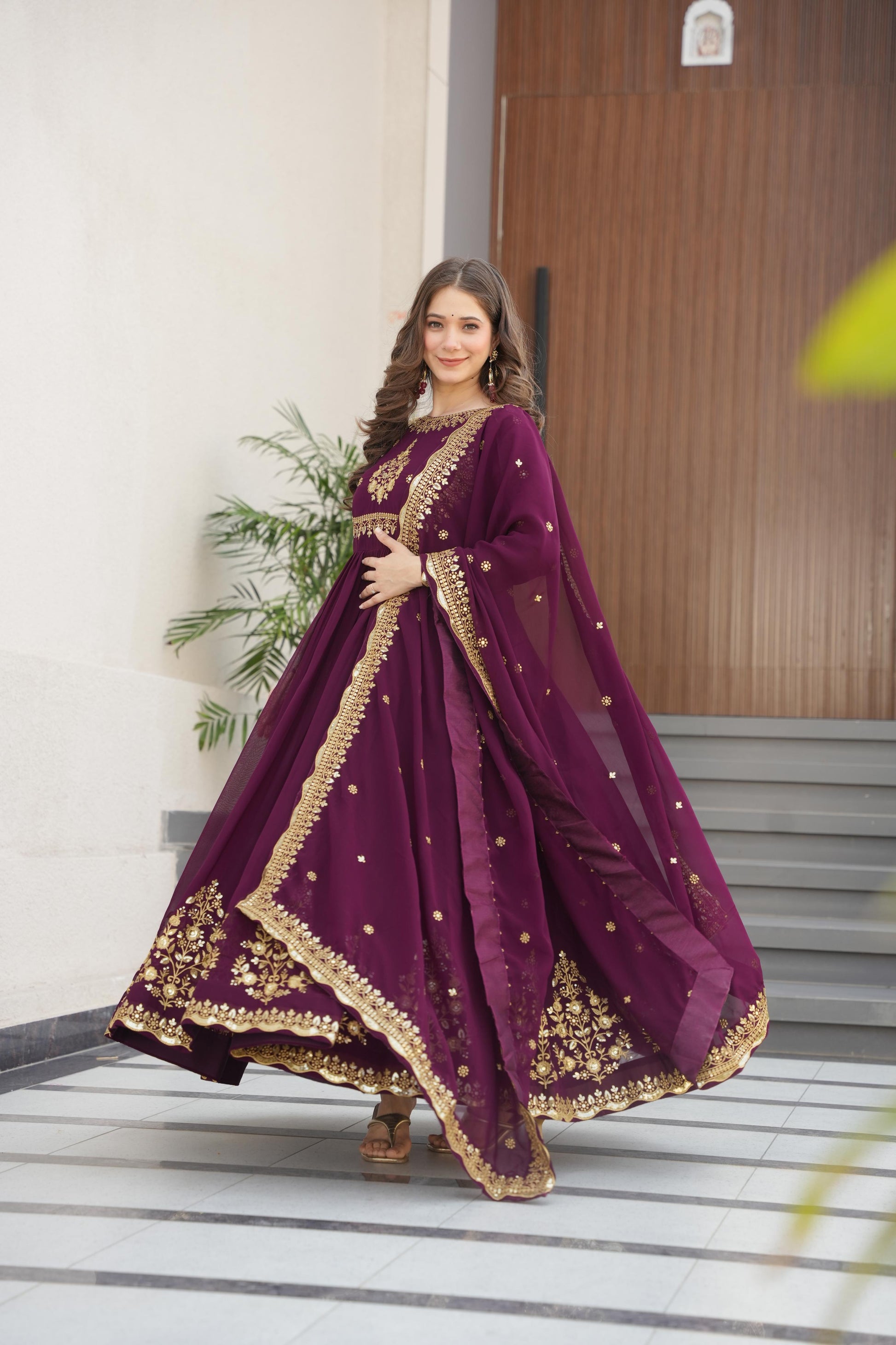 Evanik Wine Faux Blooming Georgette with Zari Thread & Sequins Embroidery Gown With Dupatta