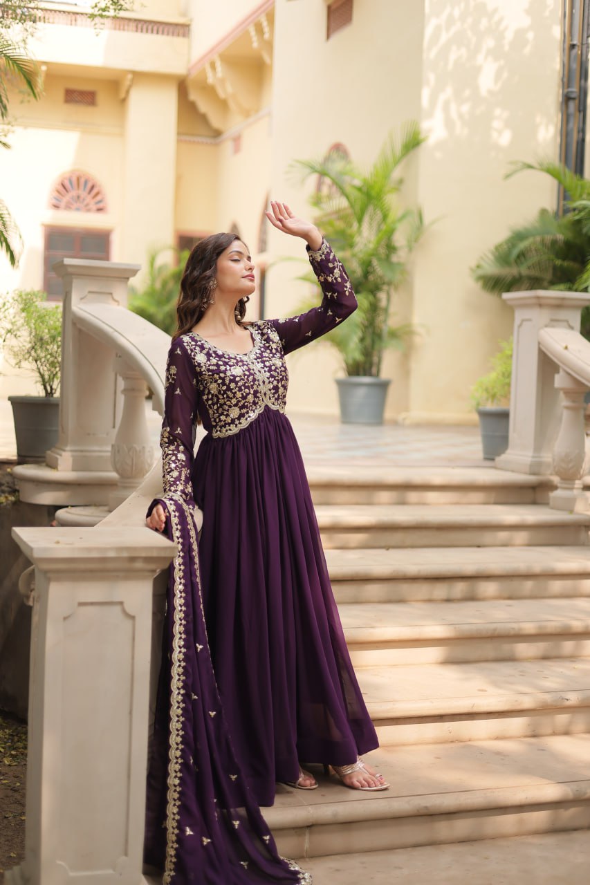 Evanik Wine Faux Blooming Gown With Dupatta With Sequins-Multi & Zari Embroidered Work