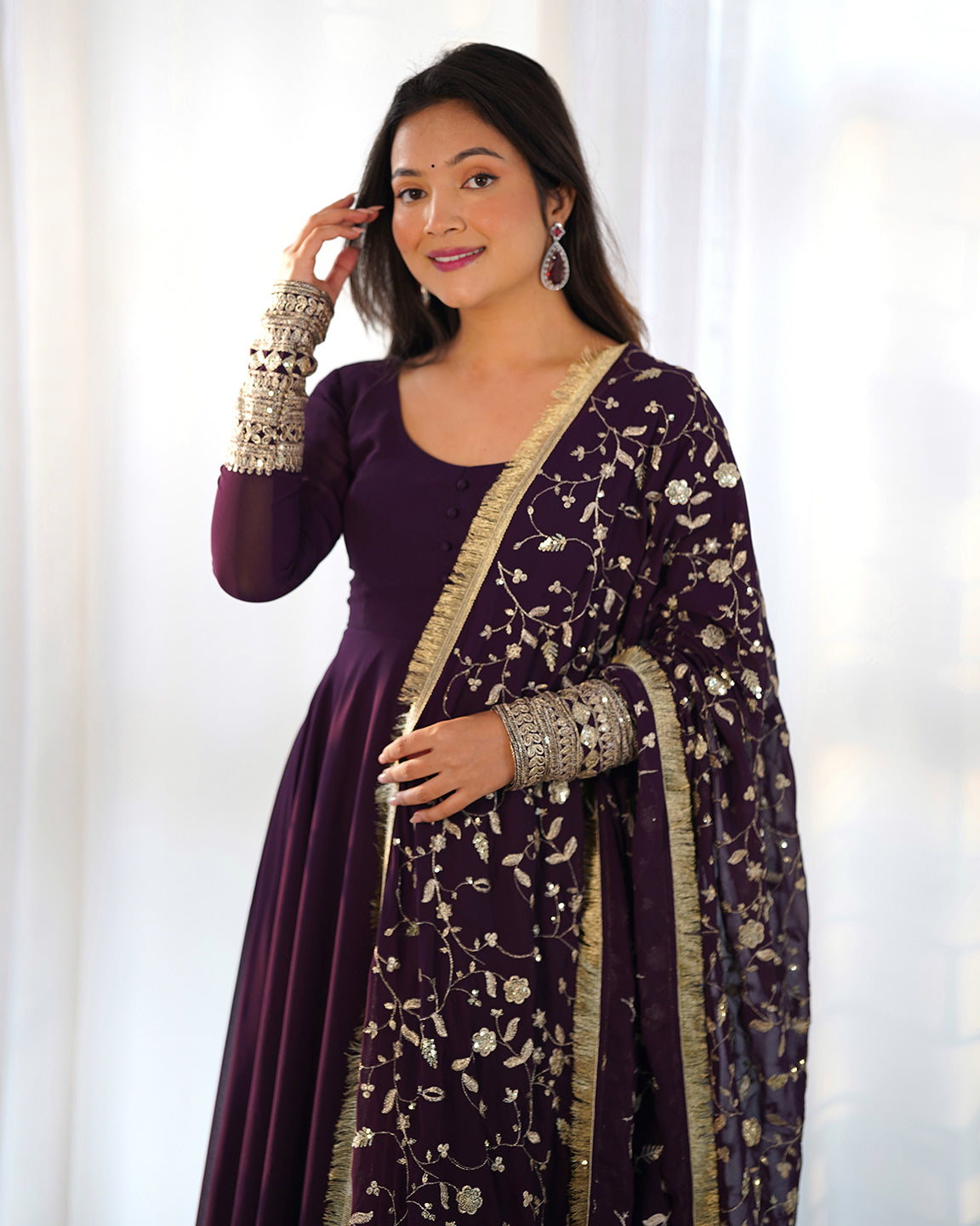 Lorenvalley Fashion Women Georgette Anarkali Gown Duppta Full Set With Pent Ready To Wear - Wine 