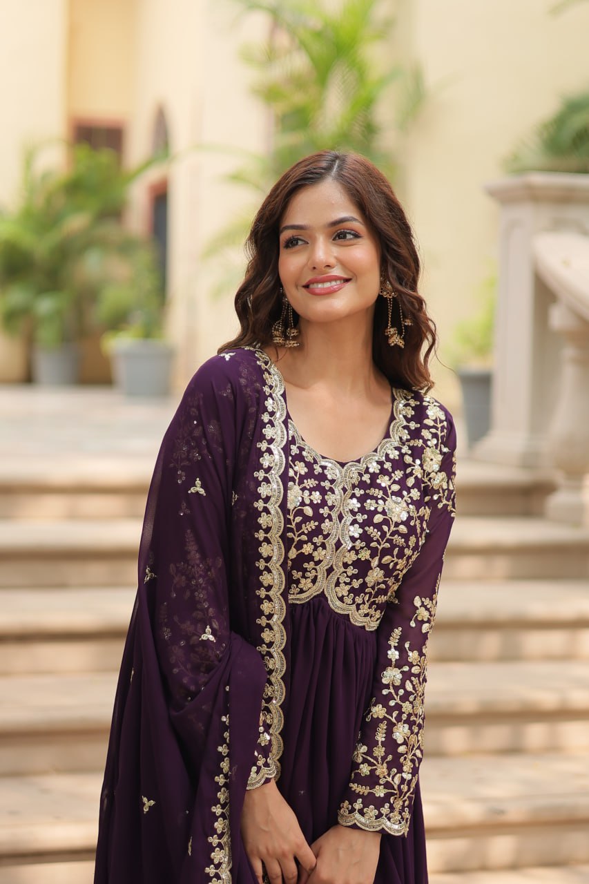 Evanik Wine Faux Blooming Gown With Dupatta With Sequins-Multi & Zari Embroidered Work