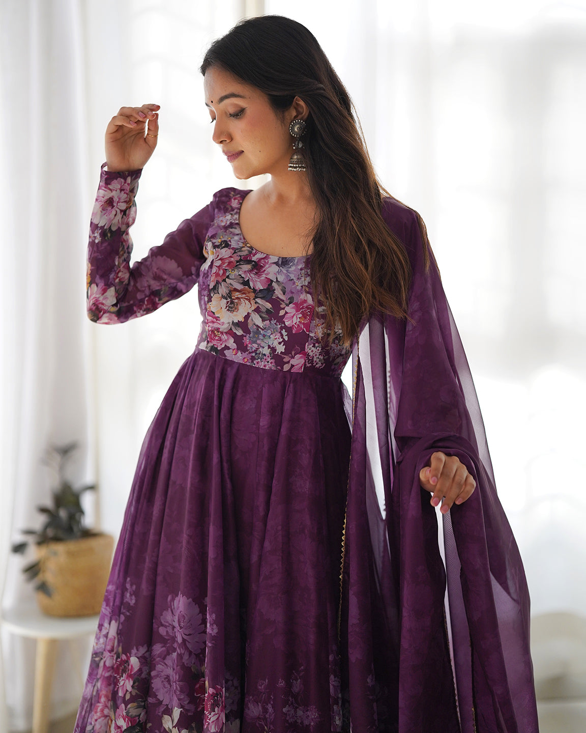 Lorenvalley Fashion Women Pure Soft Organza Silk Floral Print Fully Flair Anarkali With Pent Dupatta Set - Wine 