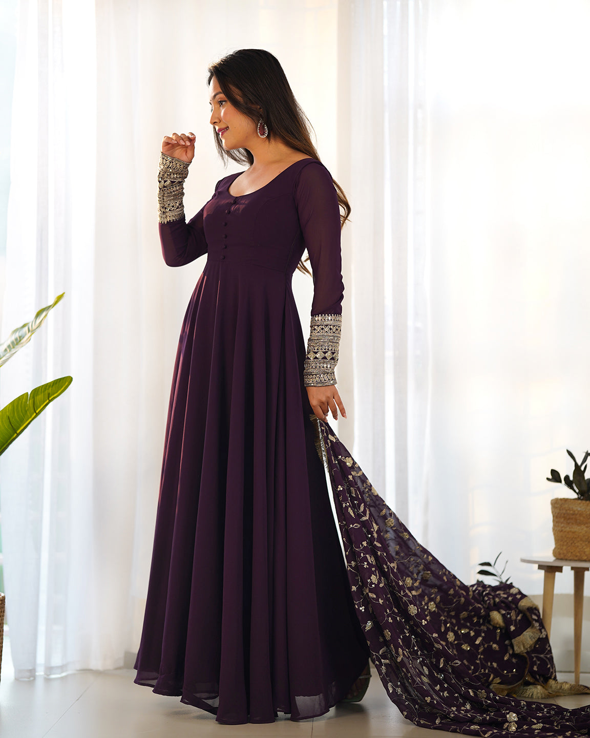 Lorenvalley Fashion Women Georgette Anarkali Gown Duppta Full Set With Pent Ready To Wear - Wine 
